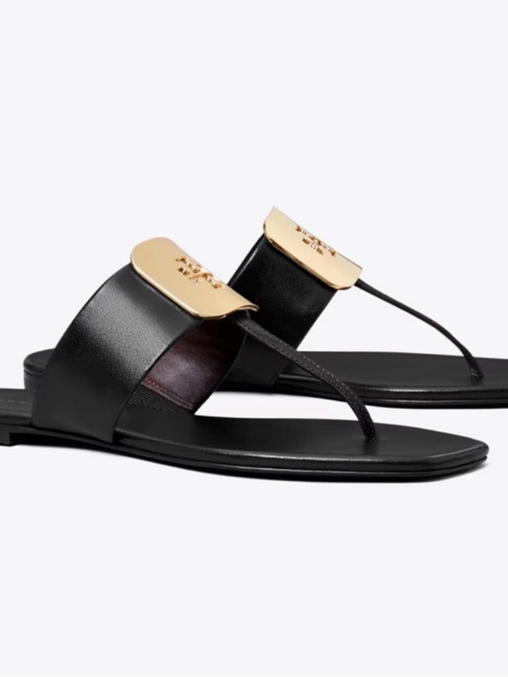 Tory Burch Black Leather Thong Sandals with Gold Accent